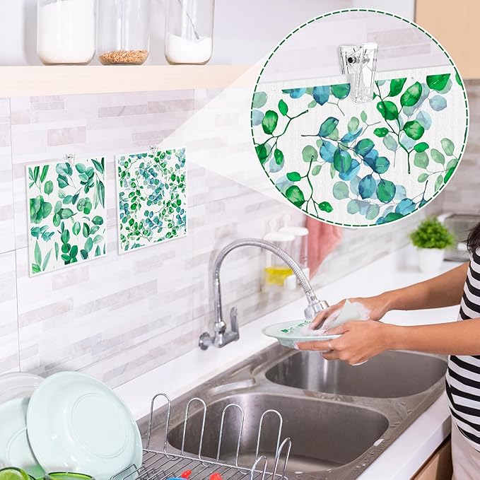 Needbrock 6 Pack Swedish Dishcloths for Kitchen, Swedish Rags Absorbent Green Leaf Dish Cloths Dish Towels with Adhesive Clips, Reusable Paper Towels No Odor for Cleaning Home Kitchen