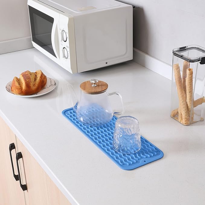 MicoYang Silicone Dish Drying Mat for Multiple Usage,Easy clean,Eco-friendly,Heat-resistant Silicone Mat for Kitchen Counter,Sink,Bar,Bottle,or Cup Lichen Blue M 17 inches x 6 inches