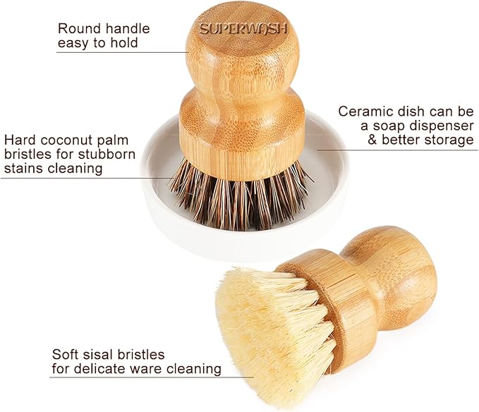 SUPERWASH PLUS Bamboo Dish Brush with Ceramic Dish, Natural Bristle Palm Brush Pot Scrubber for Cast Iron Pans Vegetables and Kitchen Sink Cleaning - 2 Pack