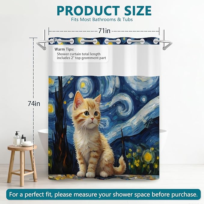 Starry Night Cat Cute Shower Curtain, No Hook Cat Shower Curtain with Weighted Snap in Liner, Waterproof Shower Curtains for Bathroom, Translucent Top Window Design, Gifts for Cat Lovers, 71x74 Inches