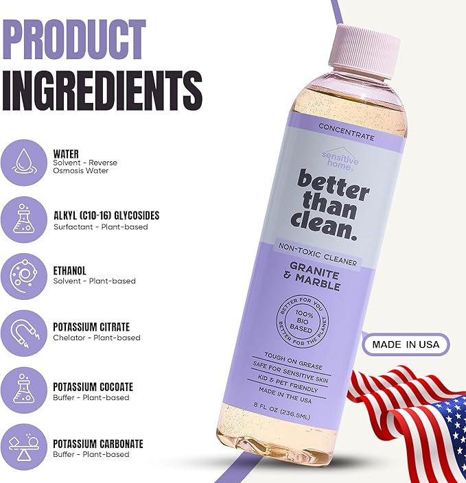 Better Than Clean Marble & Granite Cleaner Concentrate - Plant-Based, Non-Toxic, Fragrance Free Cleaning Products - Slate, Marble, and Natural Stone Cleaner, – 8oz Makes 4 Bottles