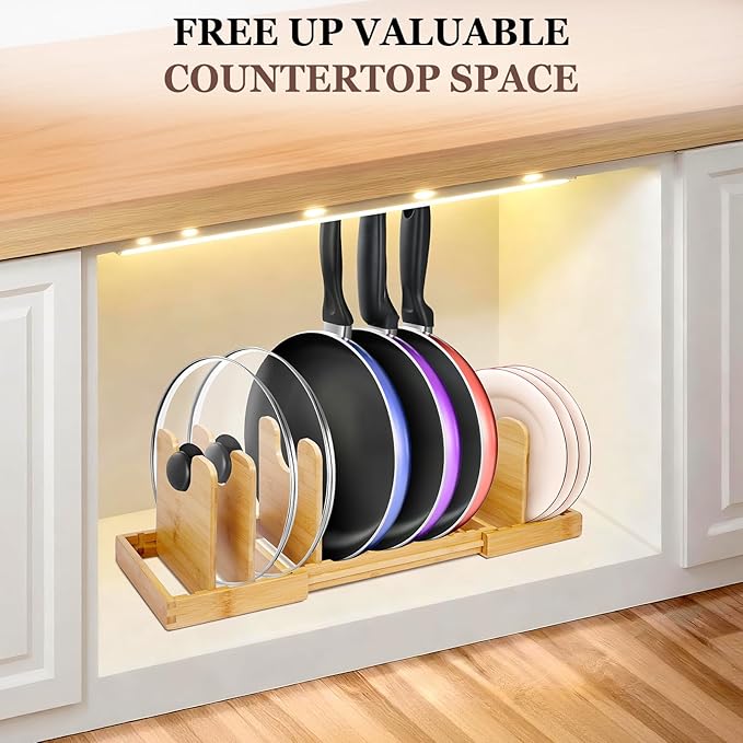 Bambition Bamboo Pot Lid Organizer, Pots and Pans Organizer Inside Cabinet, Pot Lids holder for Kitchen Countertop