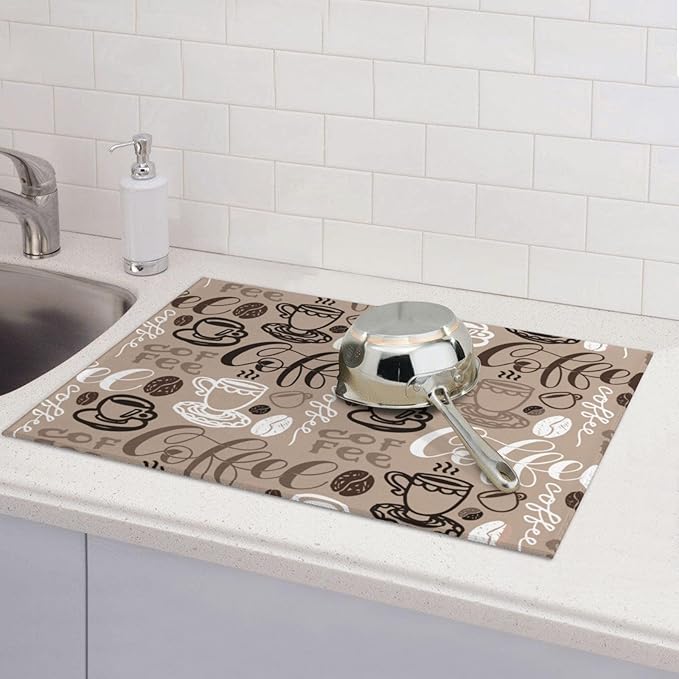 Coffee Mat Coffee Cup Dish Drying Mat for Kitchen Counter Microfiber Absorbent Dish Draining Reusable Washable Extra Large 18"x24" (Brown, 18x24in)