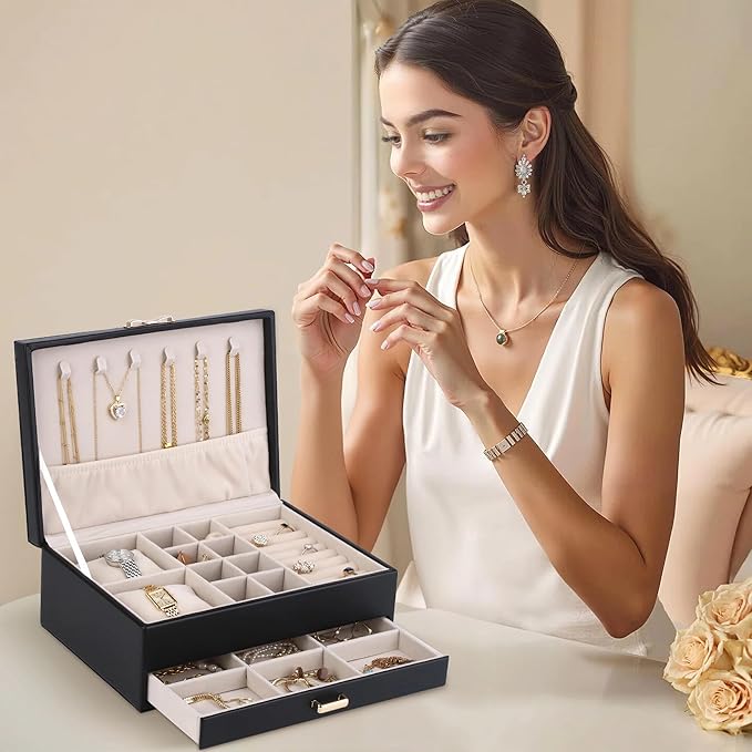 HofferRuffer Jewelry Box with Drawer for Women‌ Girls, Faux Leather Storage Jewelry Organizer Jewelry Case with Two Layers Display for Earrings Rings Necklaces (Black)