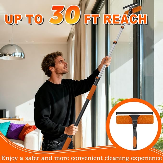 SISUPASSIE 36FT Reach 2-in-1 Window Squeegee, Professional Window Washing Kit with 7-30FT Extension Pole for Home, Indoor Outdoor Squeegee with Rotatable Head for High Windows
