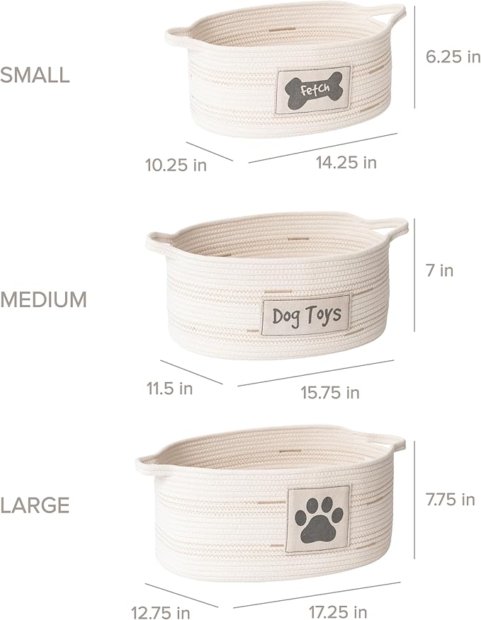 RGI Home Dog Toy Storage Baskets – Set of 3 Oval Fabric Rope Organizer Bins for Pet and Household Storage, Multi-Sized with Easy-Carry Handles, Durable and Stylish, Charcoal Gray on Ivory