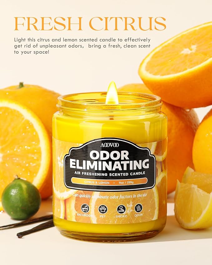 AOOVOO Citrus Lemon Odor Eliminating Highly Fragranced Candle - Eliminates 95% of Pet, Smoke, Food, and Other Smells Quickly, Air Freshing Soy Candle, 9 oz