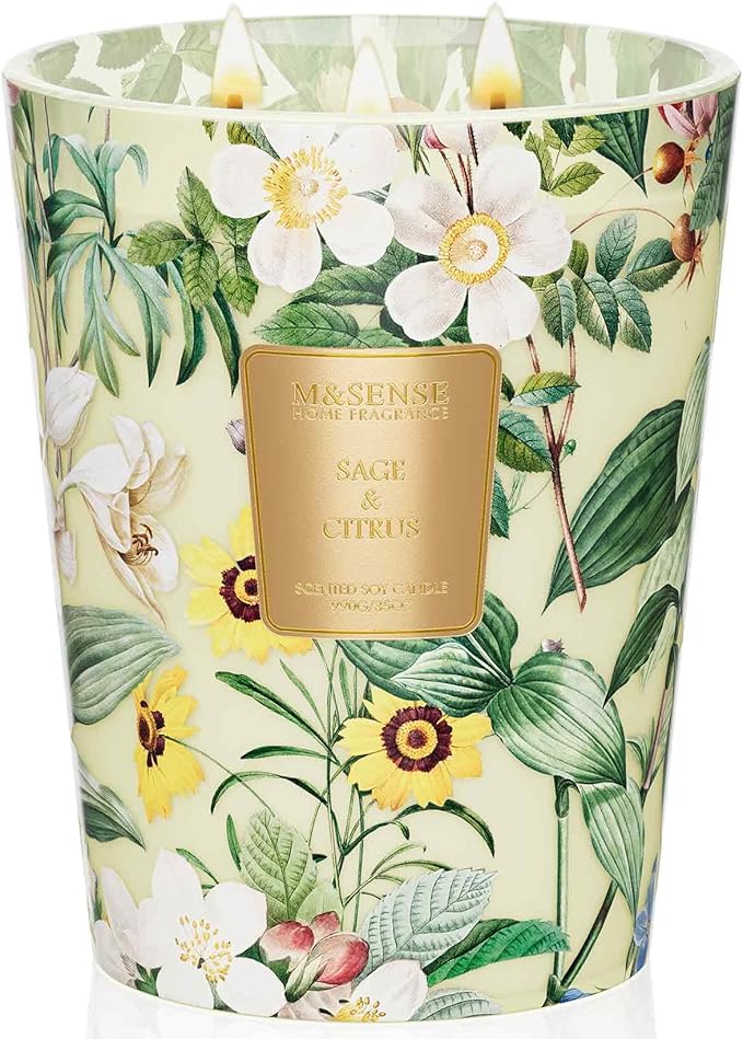 M&SENSE Sage Citrus Soy Large Candles, 3-Wick 35oz 150H Long Lasting, Aromatherapy Candle for Kitchen Freshness New Year Housewarming