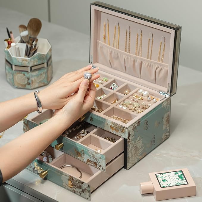 Glass Jewelry Box With Butterfly & Flower Patterns, 3-Tier Organizer for Women Girls,Jewelry Gift Decorative Boxes, Art Painting Tabletop Organizer For Earring Necklace Christmas Gifts