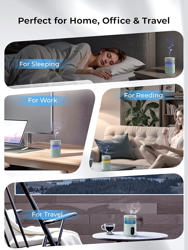 Waterless Diffuser for Essential Oil: Mini Battery Scent Diffuser for Room&Home&Car with 9 Colors LED Light - Aroma Cool Mist Machine Light Cyan