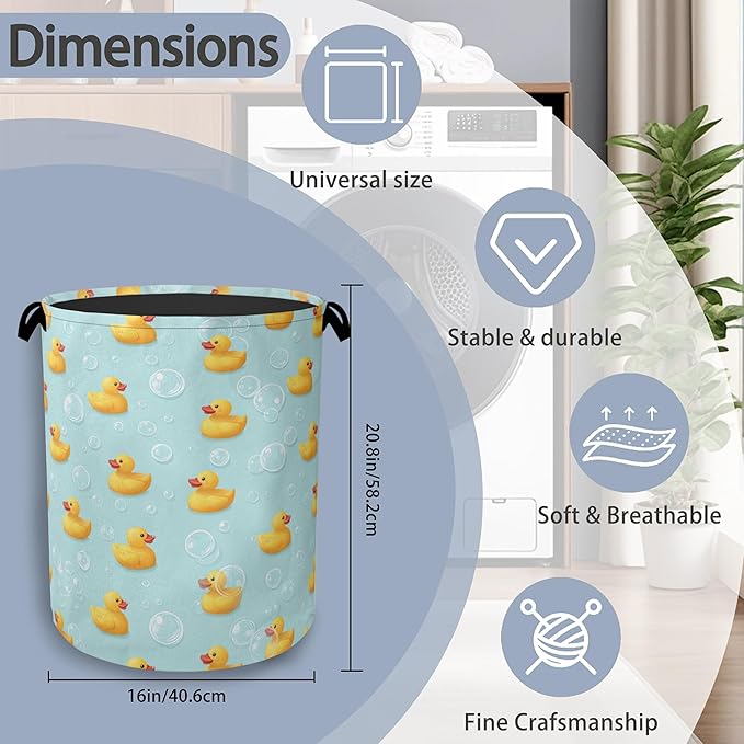 Cute Duck Laundry Basket,Foldable with Handles Tote Bag Oxford Cloth for Bathroom Bedroom Dirty Clothes Storage Bucket 16" x 20.8"