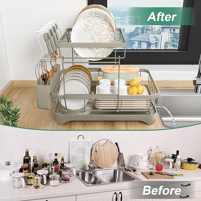 HOMEAILIE Dish Drying Rack, 2-Tier Dish Drying Rack with Utensil Holder – Large Capacity Auto-Draining Dish Drainer with Drainboard for Kitchen Counter, Grey