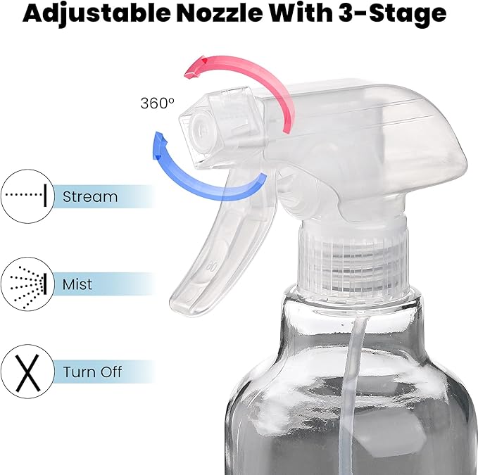 Glass Spray Bottles with Silicone Sleeve, 2 Pack 16.9oz Refillable Containers with Adjustable Spray Nozzles, Empty Spray Bottle for Cleaning Solutions, Hair, Plants (Light Blue+Purple)