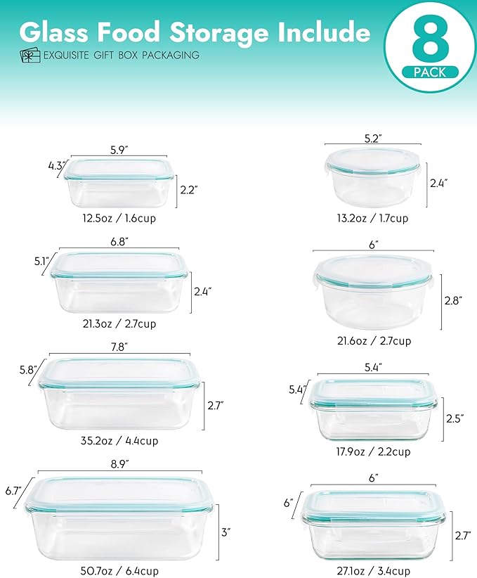 BOROHOUSE 8-Piece Borosilicate Glass Food Storage Containers Set with Airtight Lids - Oven, Microwave & Freezer Safe, Leak-Proof, BPA-Free - Baking, Meal Prep & Gift Ready