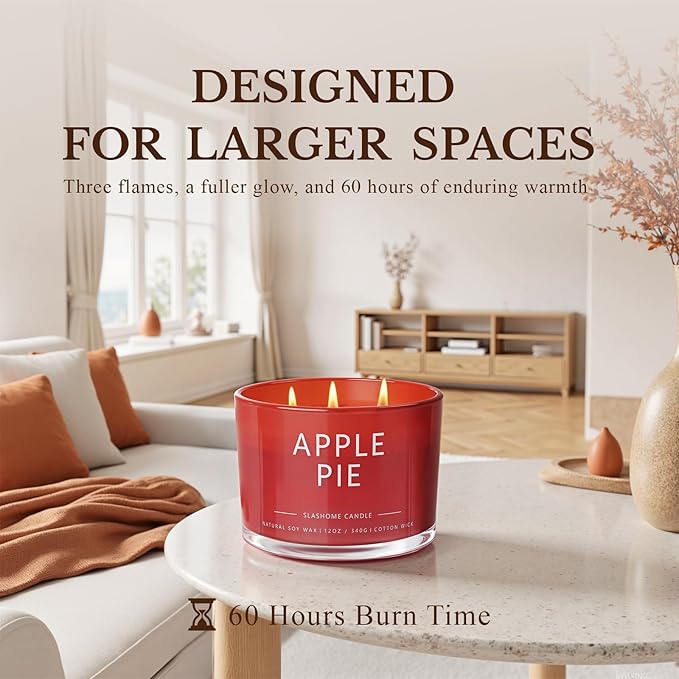 Apple Pie Scented Candle, Luxury Large 3 Wick Soy Candle 12 Oz, 60+ Hour Long Lasting Clean Burn, Elegant Aromatherapy Home Decor, Housewarming & Birthday Gift for Men & Women