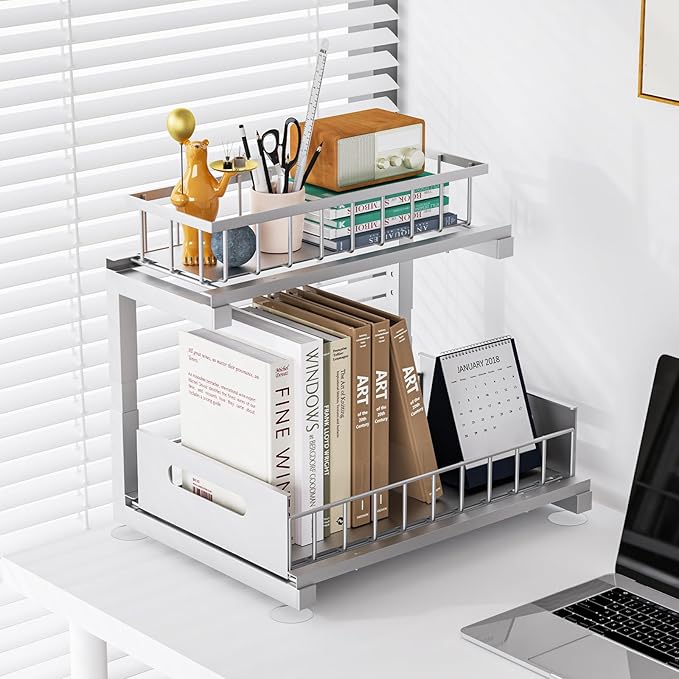 Toyear Under Sink Organizer, Heavy Duty Metal Pull Out Cabinet Organizer Slide Out Sink Shelf Organizer Height Adjustable, Multi-Purpose Storage Shelf for Kitchen Bathroom(Sliver,1Pack)