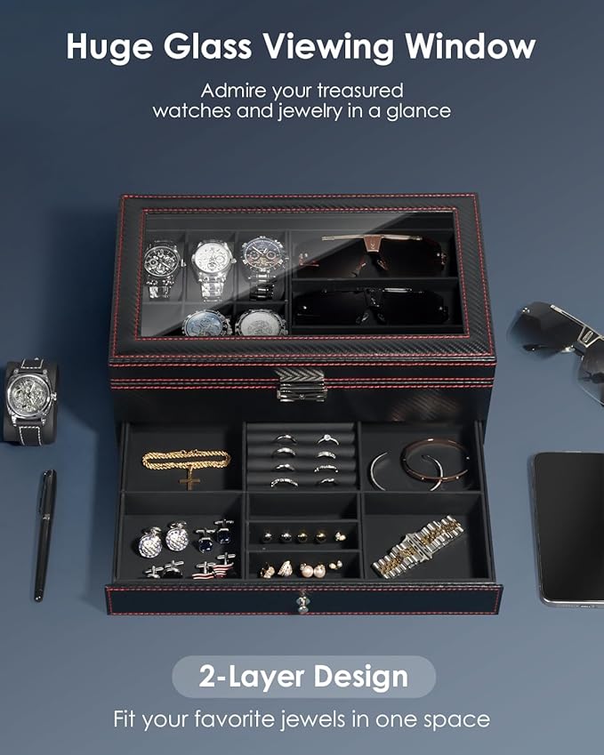 Kukikan Watch Jewelry Box Organizer, 6-Slot 2-Layer Watch Case and Sunglasses Storage with Large Glass Lid, Men's Jewelry Box with Lock, Watch Holder Display Case, Gift for Men Women
