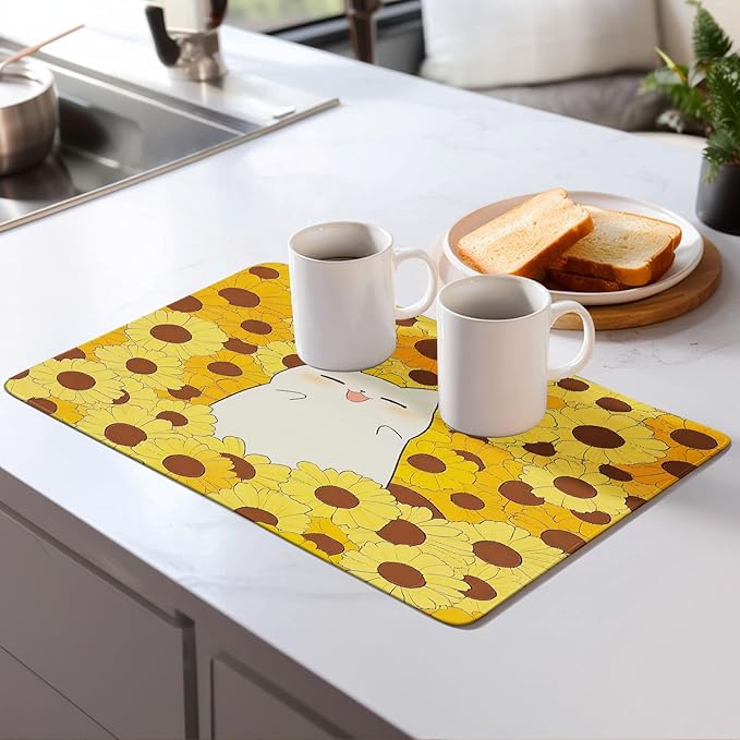 Cute Cat Dish Drying Mat for Kitchen Counter Microfiber Super Absorbent Non-Slip Dish Drying Pad for Countertops Dishes Utensils Stylish Quick-Dry Machine Washable 18x24 Inch