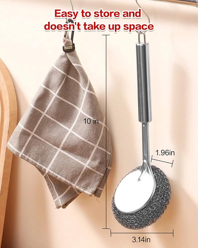Soilleta 5Pcs Steel Wool Scrubber, Stainless Steel Scrubber Set with Long & Short Handle & 3Pcs Pads, Metal Scrubbers for Cleaning Kitchen,Household,Dishes,Wash Sink,Pots,Pans,Cast Iron,Grills,Stoves