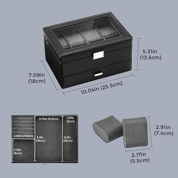 ProCase Watch Box for Men, Jewelry Organizer Box with Drawer, Display Storage Case with Glass Lid -Black, 8 Slot