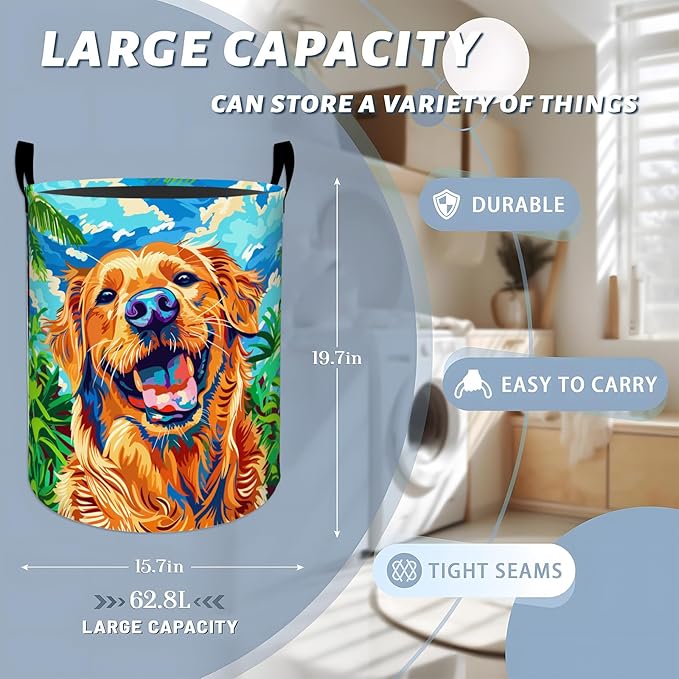 Vibrant Happy Golden Retriever Portrait Laundry Basket with Handles, 19.7"x15.7" Clothes Foldable Laundry Hamper Organizer for Dorm Nursery Bedroom Bathroom Decor, Toy Storage Bin for Kids