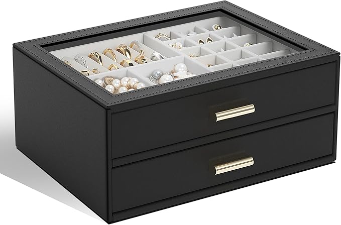 AKOZLIN Jewelry Box with Clear Lid Functional Leather Jewelry Storage Organizer Case 2 Drawers for Women Girls Necklace Ring Bracelet Earring