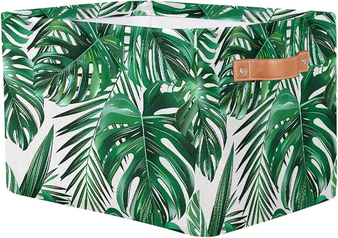 Tropical Palm Leaves Storage Basket for Shelves, Storage Bins with Handles, Collapsible Basket for Organizing, Closet Toy Baskets for Nursery Room, 15x11x9.5 in, Canvas, Green Monstera Leaf