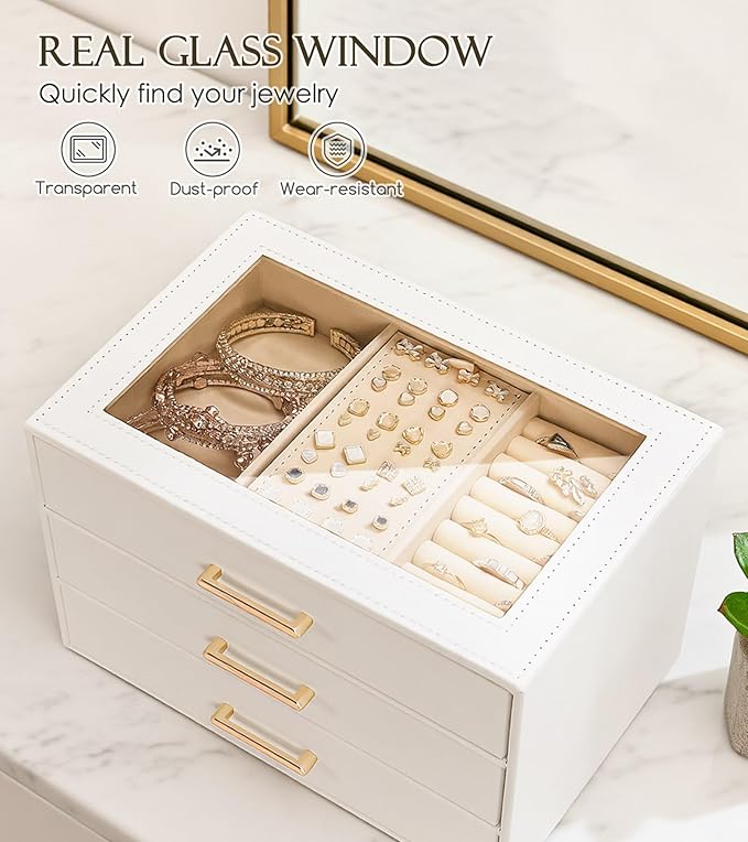 Homde Jewelry Box with Compartments for Women: Big Storage Organizer for Room - Necklace, Earring, Ring Holder for Dresser (White + Pink)