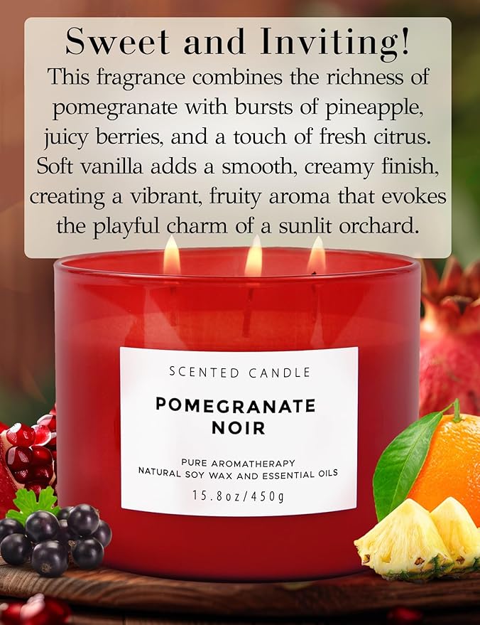 Large 3 Wick Scented Candle 15.8oz | Pomegranate Noir Sweet Fruity Vanilla Candle | Ruby Red Jar Candle | Aromatherapy Stress Relief | Luxury Gift for Women & Men
