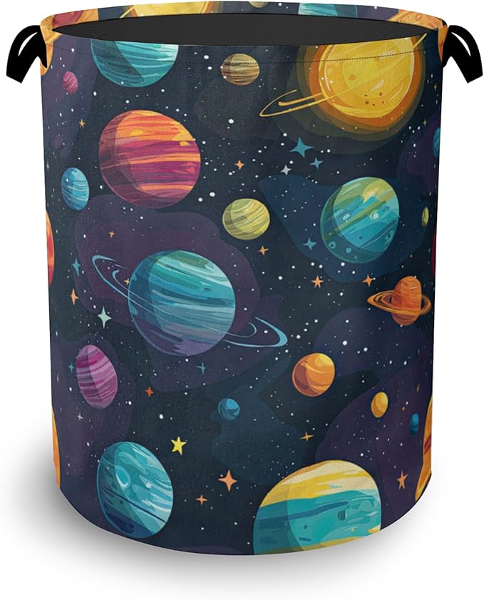 Celestial Planet Laundry Basket,Foldable with Handles Tote Bag Oxford Cloth for Bathroom Bedroom Dirty Clothes Storage Bucket 16" x 20.8"