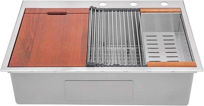 33” x 22” Workstation Topmount/Drop-in Stainless Steel Sink, 16-Gauge Bowl 15mm Radius, Accessories Includes Bottom Protective Grid, Dish Rack, Colander, Strainer & Cutting Board