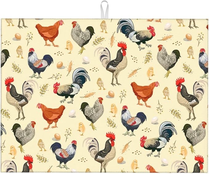 Chicken Dish Drying Mat for Kitchen Counter Cute Kitchen Mat Microfiber Kitchen Countertop Absorbent Reversible Drainer Rack Pad Dish Drying Mat 18 x 24 Inch