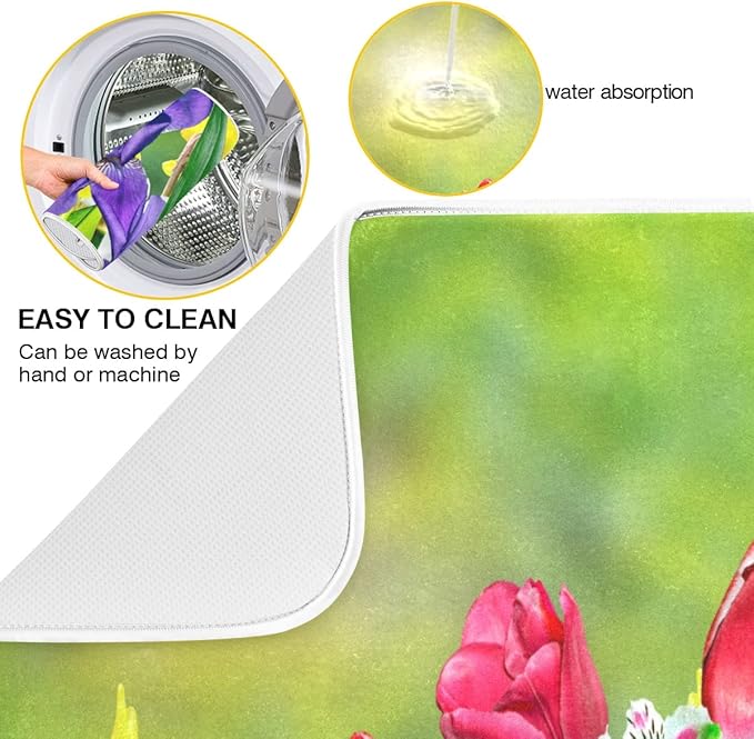 Daffodils and Tulips Flowers Dish Drying Mat 16x18 for Kitchen Counter Spring Floral Green Leaves Dishes Pad Absorbent Fast Dry Dish Draining Mats Medium Kitchen Accessories