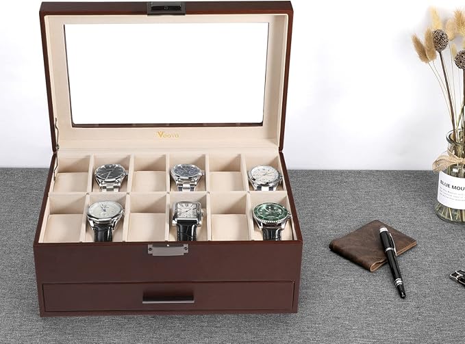 Voova Jewelry Box Watch Boxes Organizer for Men Women, 2 Layer Large 12 Slot PU Leather Watch Storage Case, Glass Top Jewelry Display Holder for Watches Sunglasses Rings Necklaces Bracelets (Brown)