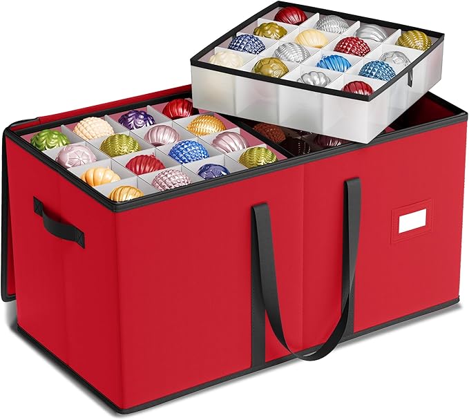 SONGMICS Christmas Ornament Storage Box, Dual Zippers, Stackable Christmas Storage Container with Lid, 8 Trays, 600D Oxford, 3-Inch 128 Slots, Cherry Red URFB035R01