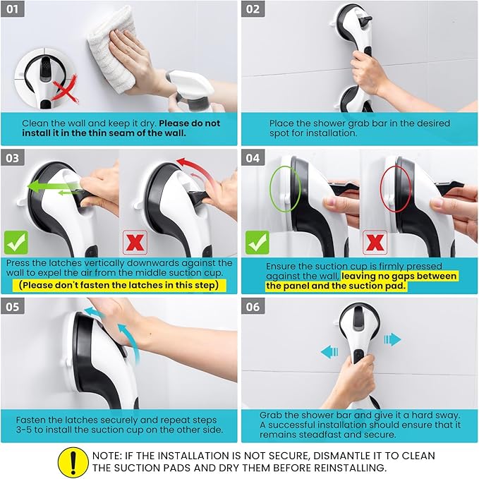 TAILI Shower Handles for Elderly Suction, 2 Pack 12 Inch Shower Grab Bars for Seniors, Grab Bars for Bathtubs and Showers, No Drilling Removable Safety Shower Grip, Black