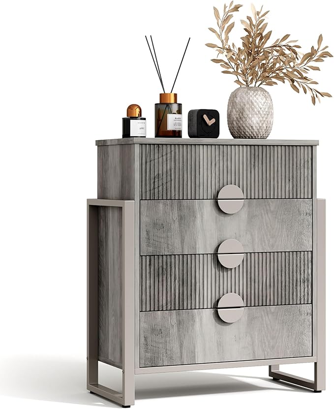 Fluted Dresser for Bedroom with 4 Drawers, 36.2" Tall Chest of Drawers with Raised H Legs and Curved Profile Design, Wood Closet Clothes Storage Organizer for Bedroom, Hallway, Grey