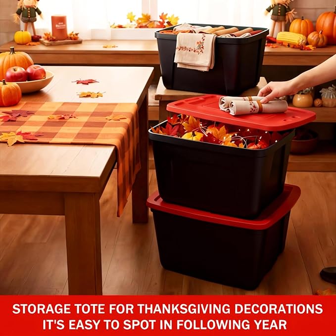 4-Pack Christmas Storage Bins with Lids - Made in USA 18-Gallon(72-Quart)Red Storage Totes,Holiday Organizer,Plastic Stackable Large Storage Boxes for Home,Office,Garage,Basement Red/Black