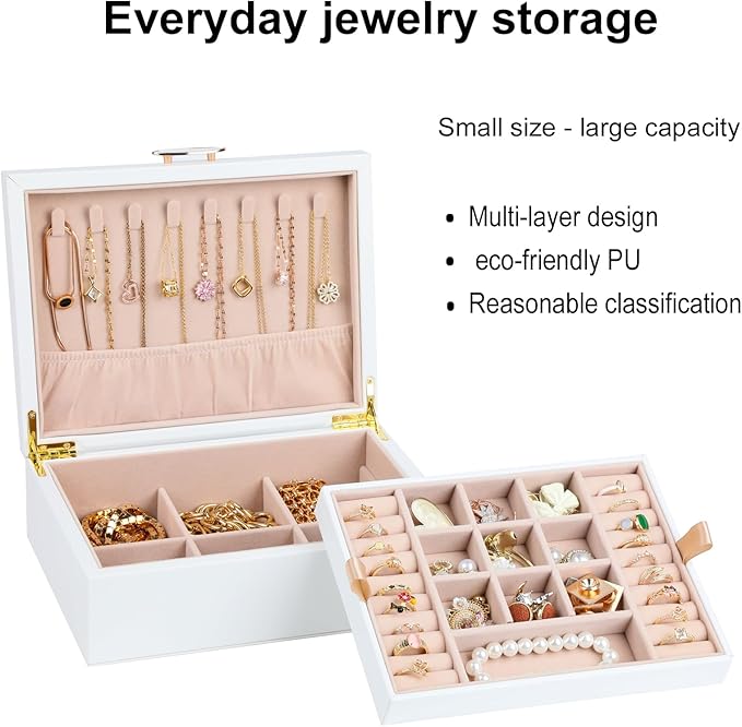 Small Jewelry Organizer for Women, 2-Layer Travel Jewelry Box with Portable Case, Necklace Ring Storage for Dresser, Girls Teens Gifts (White)