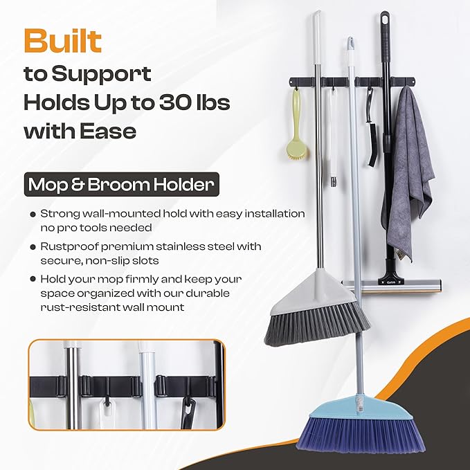 Heavy-Duty Stainless-Steel Broom Holder Wall Mount with 3 Racks and 4 Hooks | Waterproof Mop and Broom Hanger | Adjustable, Garage & Garden Tool Organizer | Black