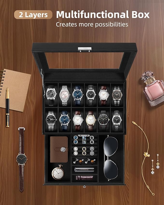 Uten 12-Slot Watch Box, 2-Layers PU Leather Watch Case with Glass Lid, Watch Holder Organizer with Soft Pillow and Velvet Lining, Watch and Jewelry Storage Box, Black