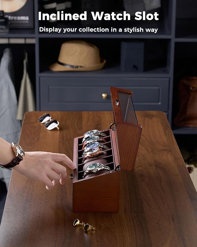 ProCase Wooden Watch Box for Men, Wood Watch Display Case Men's Jewelry Organizer Box with Drawer -6 Slot, Walnut
