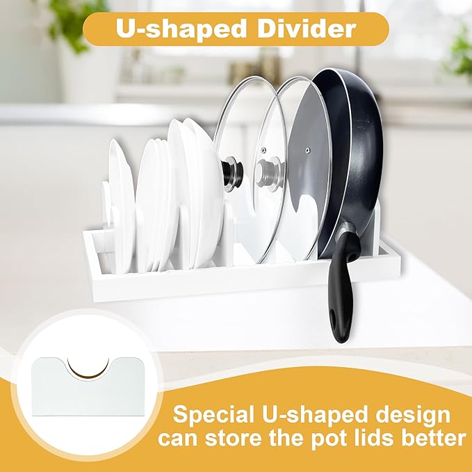 MinBoo Bamboo Pot Lid Organizer Pot Lid Holder, Pot and Pan Organizer Drawer Organizer for Pot Lids, Pans, Cutting Boards & Baking Sheets, Dinner Plates, Reusable Containers in Cabinet Storage,White