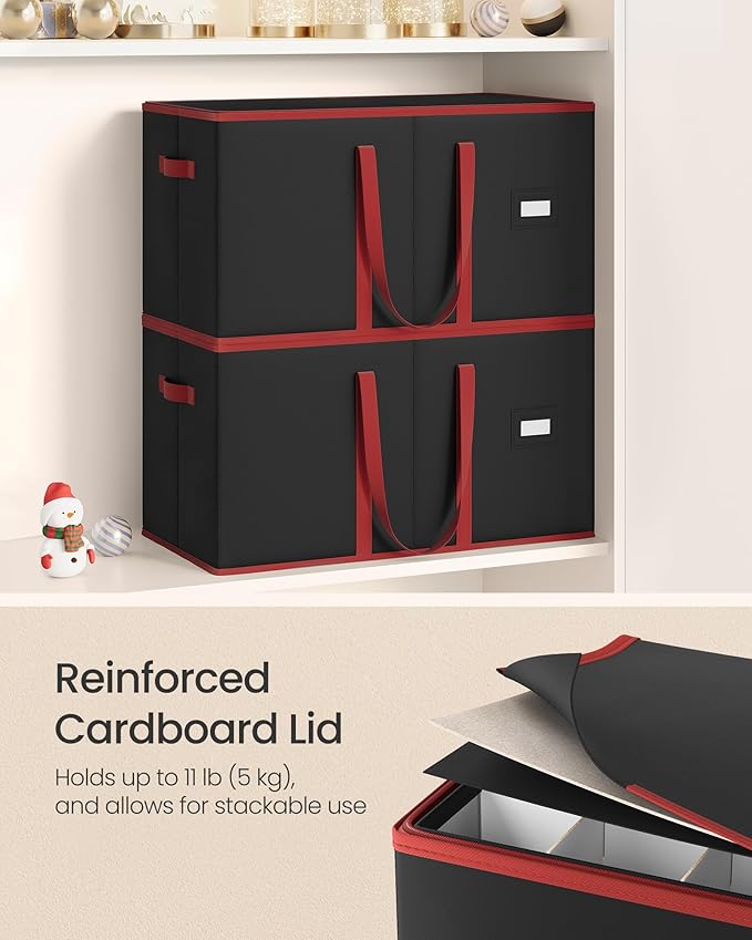 SONGMICS Christmas Ornament Storage Box, Dual Zippers, Stackable Christmas Storage Container with Lid, 8 Trays, 600D Oxford, 3-Inch 128 Slots, Ink Black URFB035B01