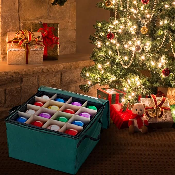 ProPik Christmas Ornament Storage Box, Organizer Holds Up to 48 Xmas Balls with 3 Separate Removable Trays, Container has Dividers to Organize Holiday Tree Ornaments (Green)