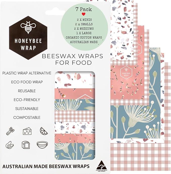 Honeybee Wrap Reusable Beeswax Wraps for Food | 7 Pack | Eco Friendly, Organic, Biodegradable, Plastic Free, Bee's Wrap Bowl Covers and Food Storage | Cling Wrap Alternative