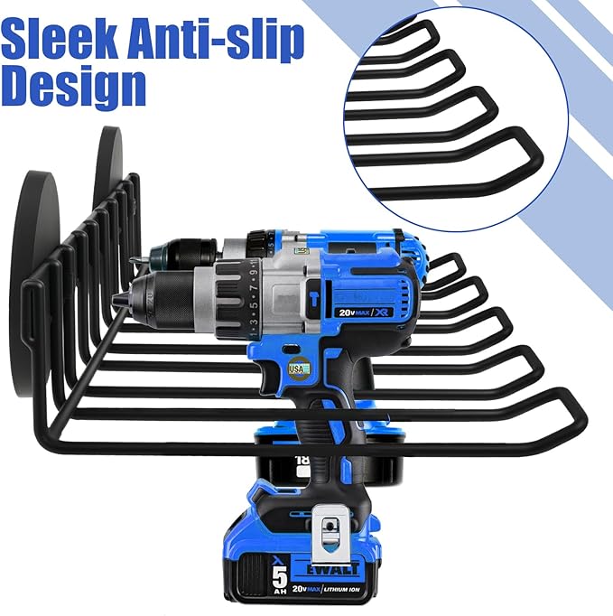 Rukinovi Magnetic Power Tool Organizer Wall Mount - Heavy Duty Drill & Screwdriver Holder with No Drilling Installation, Removable Steel Rack for Garage Workshop, Holds 4 Drills 9 Screwdrivers