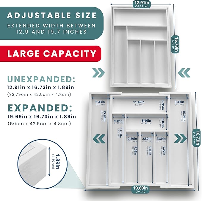 Sben Expandable Drawer Organizer for Utensils Holder, Adjustable Cutlery Tray, 6-8 Slots, Premium Wood Drawer Dividers Organizer for Silverware, Flatware, Knives for Kitchen (White)