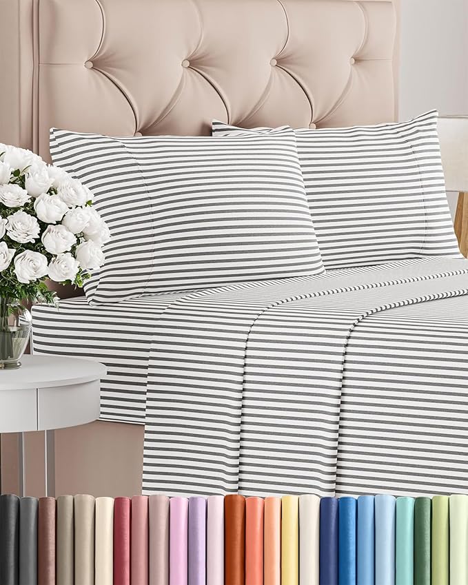 Twin 4 Piece Sheet Set - Comfy Breathable & Cooling - Soft Hotel Luxury Bedding Set with 8-16 Inch Deep Pockets - 1 Flat & 1 Fitted Sheet & 2 Pillowcases - Wrinkle Free & Easy Care - Grey Stripes 2