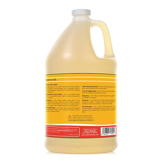 Seven Minerals Pure Castile Soap, Sweet Orange 64oz - No Palm Oil, GMO-Free - Gentle Liquid Soap For Sensitive Skin & Baby Wash - All Natural Vegan Formula with Organic Carrier Oils